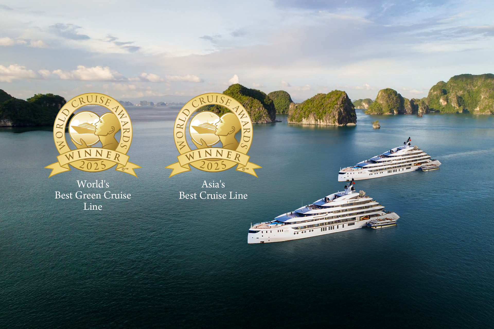 Two Grand Pioneers cruise ships sail through Ha Long Bay amidst the limestone landscape, accompanied by two World Cruise Awards 2025 medals representing the titles of World's Best Green Cruise Line and Asia's Best Cruise Line.